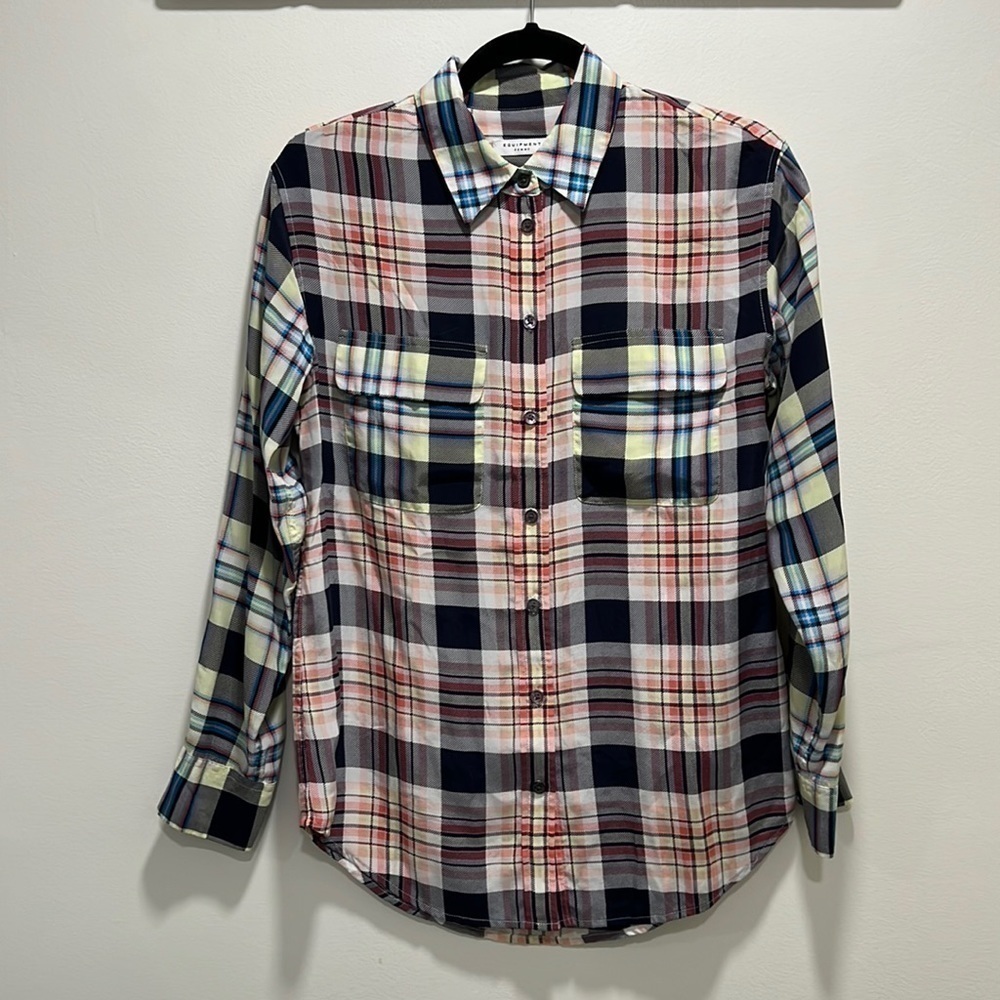 Equipment Femme Slim Signature Silk Plaid Button Down Shirt Semi Sheer SZ XS